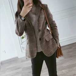 2022 nova magro ajuste feminino retro xadrez blazer estilo coreano elegante womens lã terno jaqueta único breasted blazer femenino rua