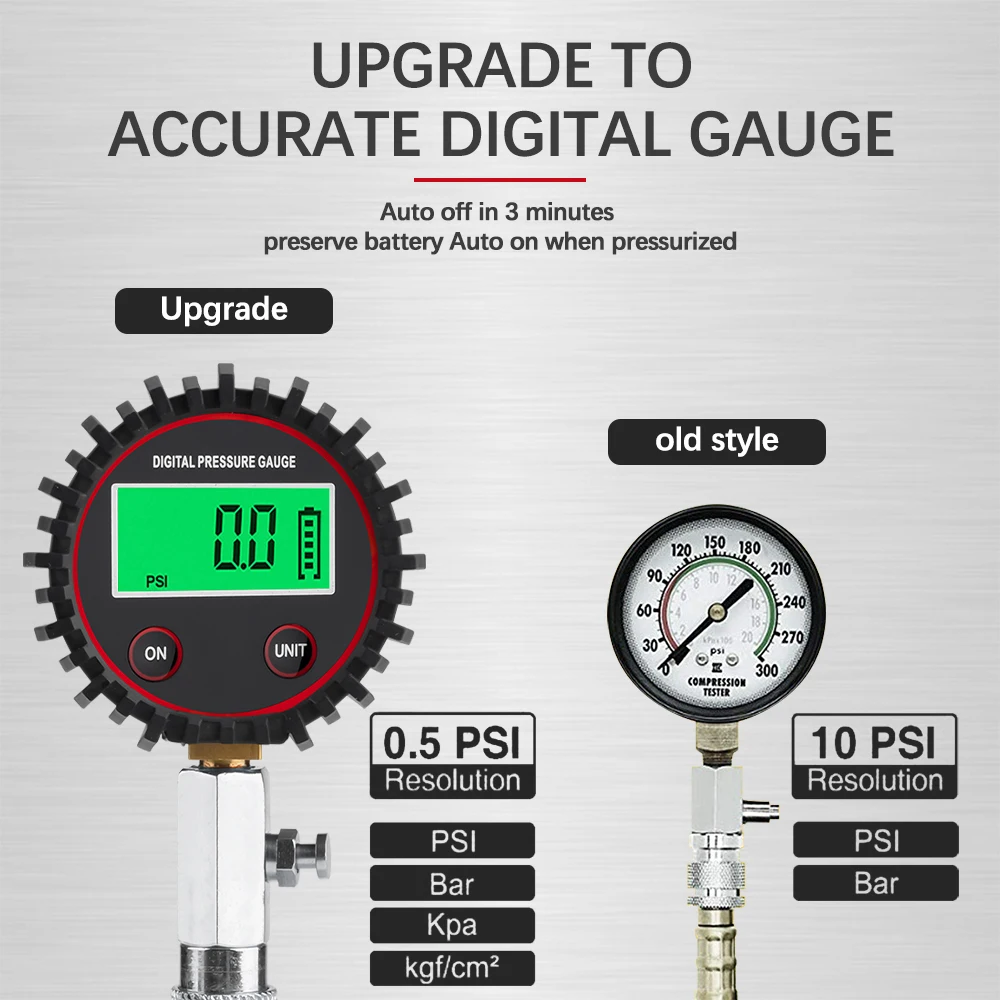 200PSI 가솔린 엔진 디지털 압축 게이지 테스터 가솔린 가스 엔진 실린더 압력 테스트 도구 키트(어댑터 및 호스 포함)