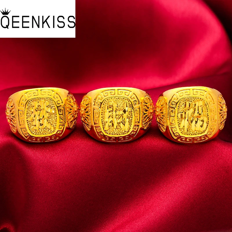 

QEENKISS 24KT Yellow Gold Ring For Men Square FA CAI FU Adjustable Ring Wedding Party Jewelry Wholesale Gift Free Shipping RG580