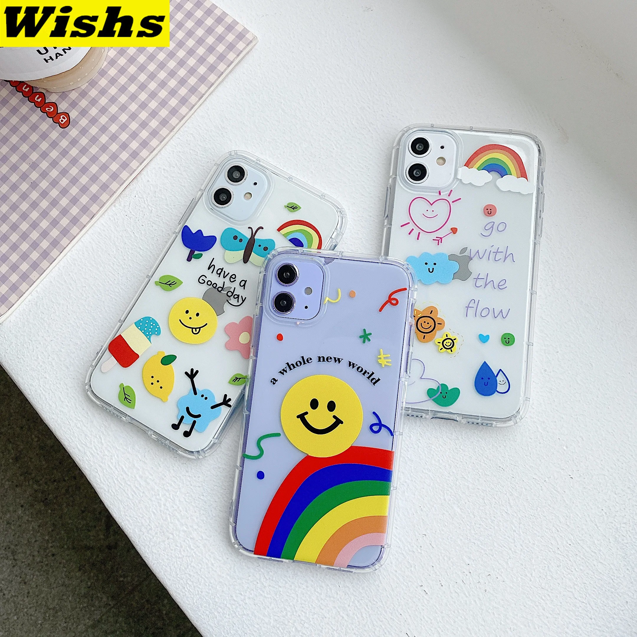 

Cute Cartoon Rainbow Happy Face Phone Case for iPhone 11 Pro Max XR 7 8 Plus X XS MAX Couple Clear Soft silicone TPU Back Cover