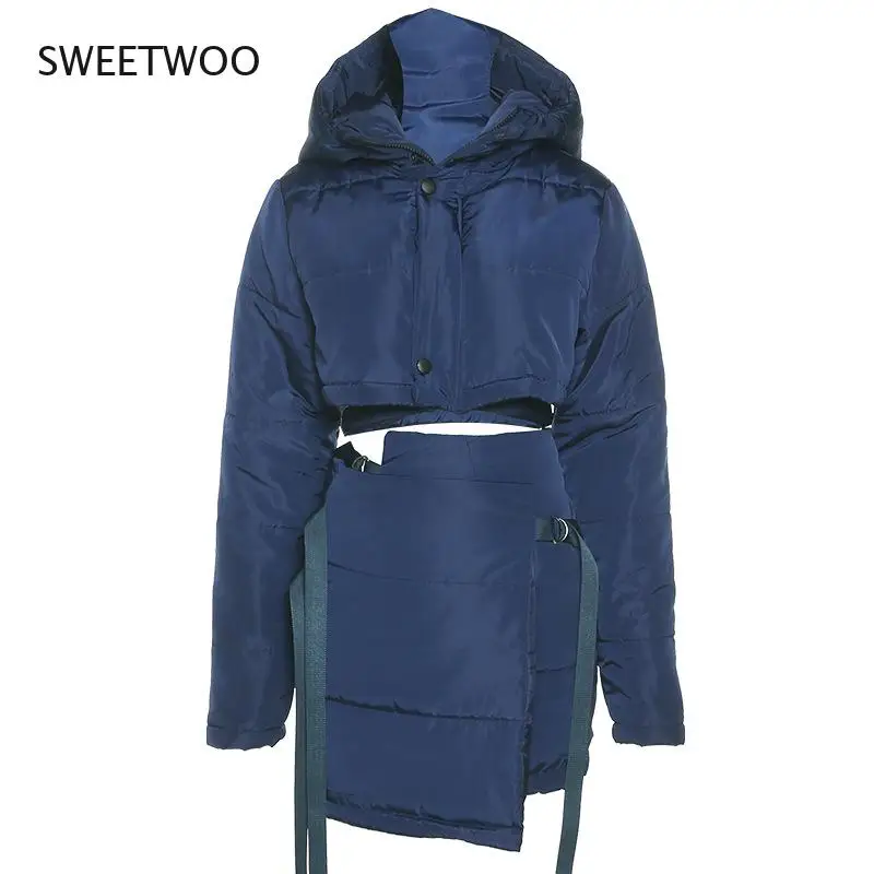 2021 Herfst En Winter Nieuwe Vrouwen Single-Breasted Hooded Katoen Gewatteerde Jas Hoge Taille Tas Hippe Rok casual Pak Vrouwen