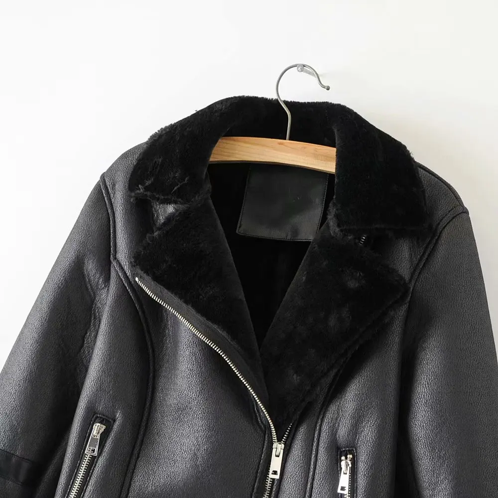 ZA Женская куртка из искусственного меха, зимнее пальто, новая мода, одноцветная, длинный рукав, толстая, теплая, черная, пушистая, куртки размера плюс, куртка из искусственной кожи