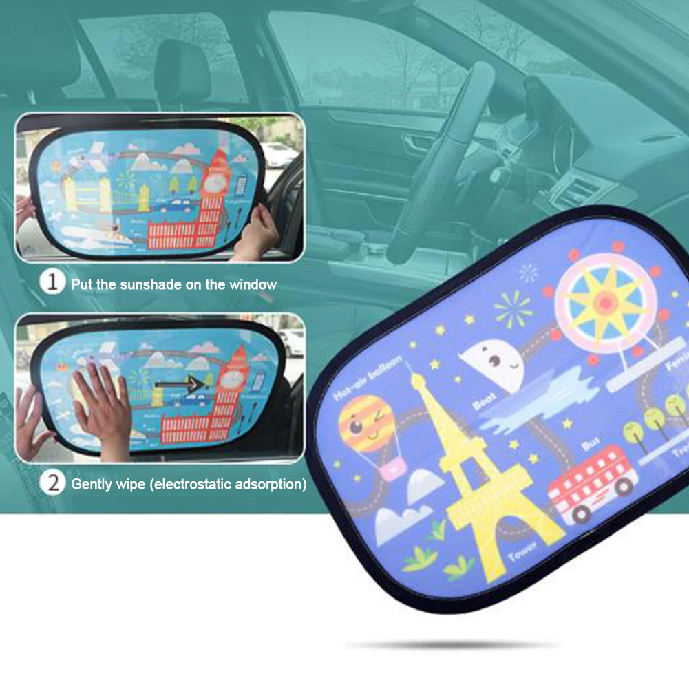 

1Pair Universal Car Sunshade Kids Cute Cover Protect Easy Install Side Window Electrostatic Cartoon Curtain Styling Summer Auto