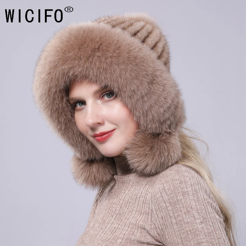 

New fur mink European Women's Knitted Cap Winter Warming Pure-color Cap Warming Girl's Fashion Cap Knitted couple fox fur hat