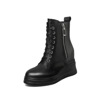 

Women Genuine Leather high wedges heels Ankle Boots Fashion women Boots lace up Shoes Woman Platform Boots Winter Short Boots