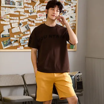 

Summer Cotton Men's Pure Short Sleeve Shorts Crew Neck Men Thin Tracksuit Set Pajamas