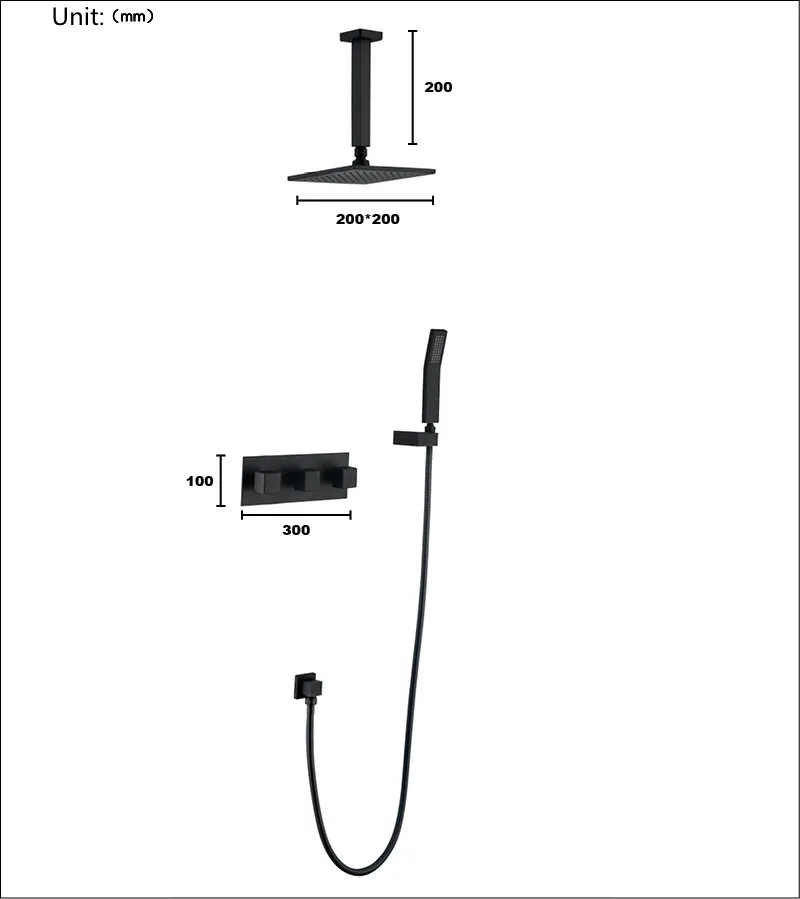 Description Picture 2 of itemCeiling Mount Rain Shower Faucet System Set Bathroom Bath Mixer Tap Matt Black Brass Diverter Hand Held 8" Head Wall Arm Kit