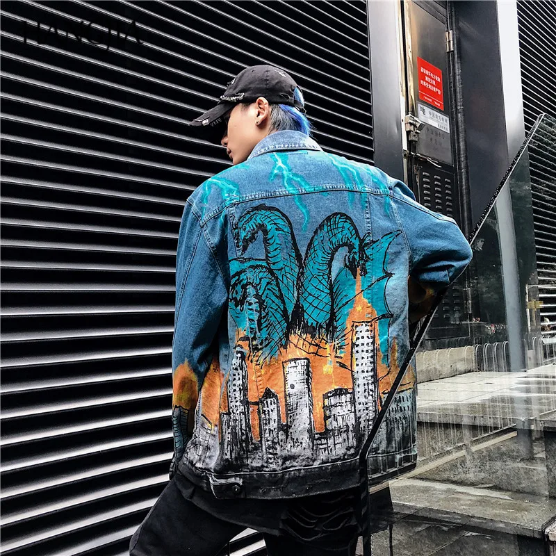 

Men's Hip Hop Distressed Denim Jacket King Ghidorah Lightning Printed Denim Jackets Streetwear Vintage Wash Hole Clothes Male