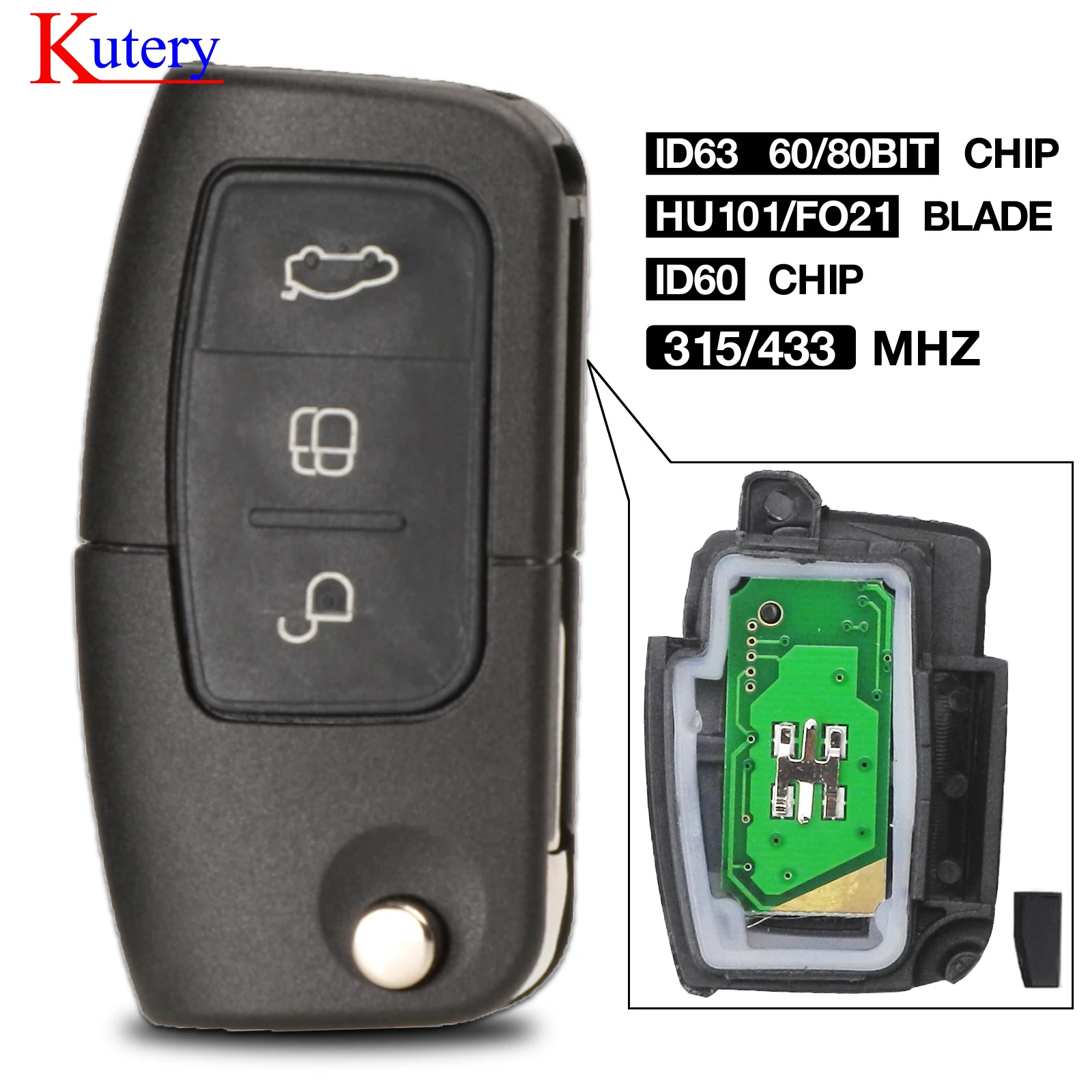 Kutery 433 МГц ID63 ID60 3 кнопочный ключ без ключа для Ford Focus Mondeo C Max S Galaxy Fiesta HU101 FO21 |