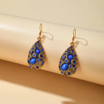 

2020 New Vintage Bohemian Water Drop Shape Earrings for Women Personality Alloy Blue Crystal Dangle Earrings Female Jewelry