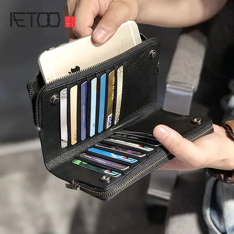 

AETOO Handmade leather retro wallet, men's leather double zipperphone phone bag, doka bit card bag