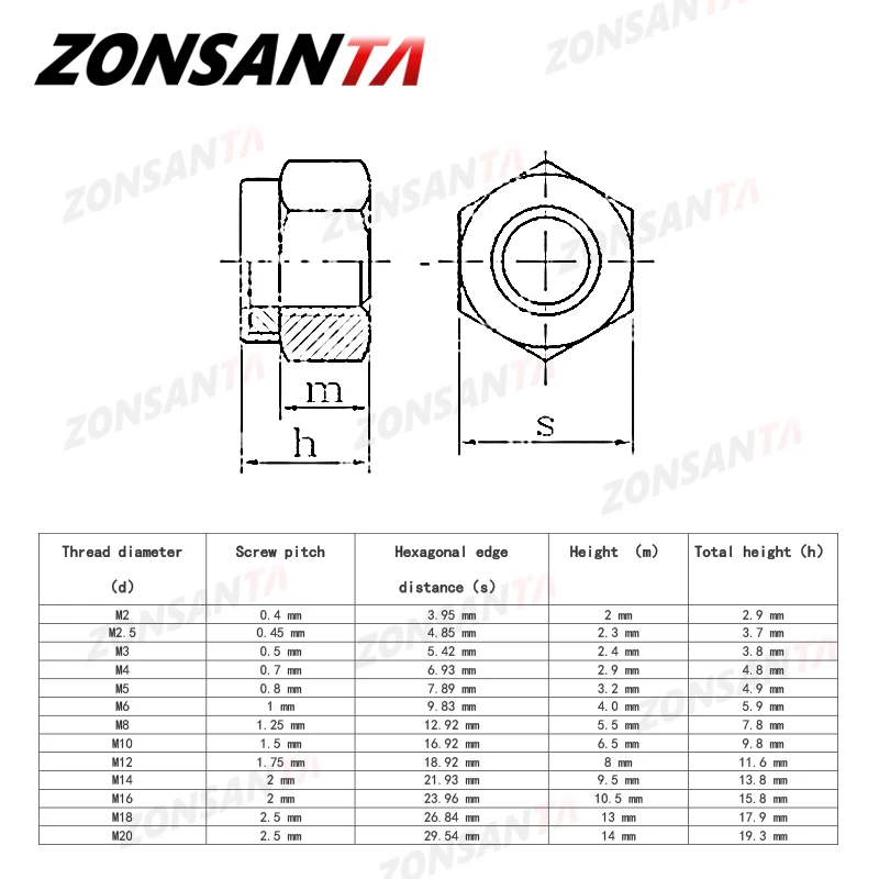 ZONSANTA нейлон Locknut 304 Нержавеющая сталь шестигранный замок для шестигранного ключа