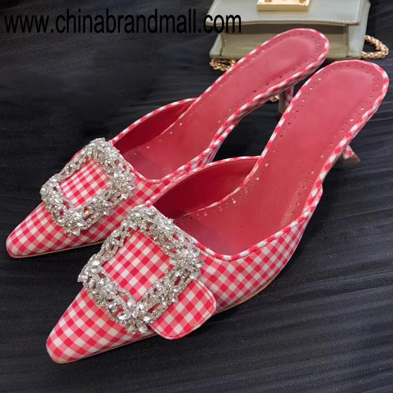 

Cloth Slippers With Plaid Printed For Women Elegant Slippers High Quality Thin Heel Slipper Women Shoes
