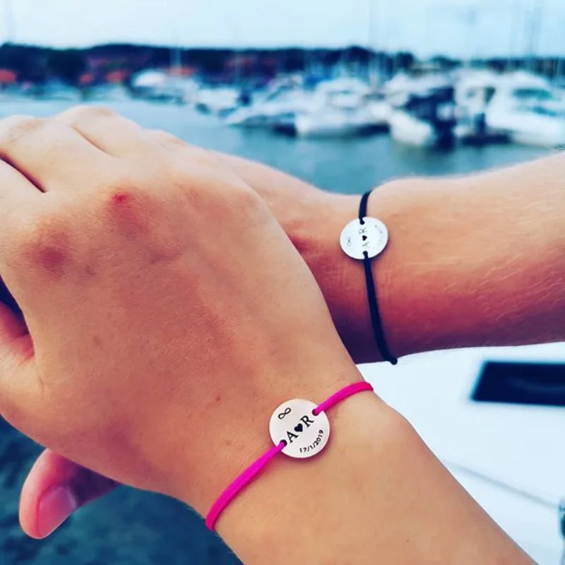 

Couple Name Bracelet Custom Women Personalized Bracelet Engraving Rectangle Round Heart Letter Stainless Steel Red Rope Bracelet