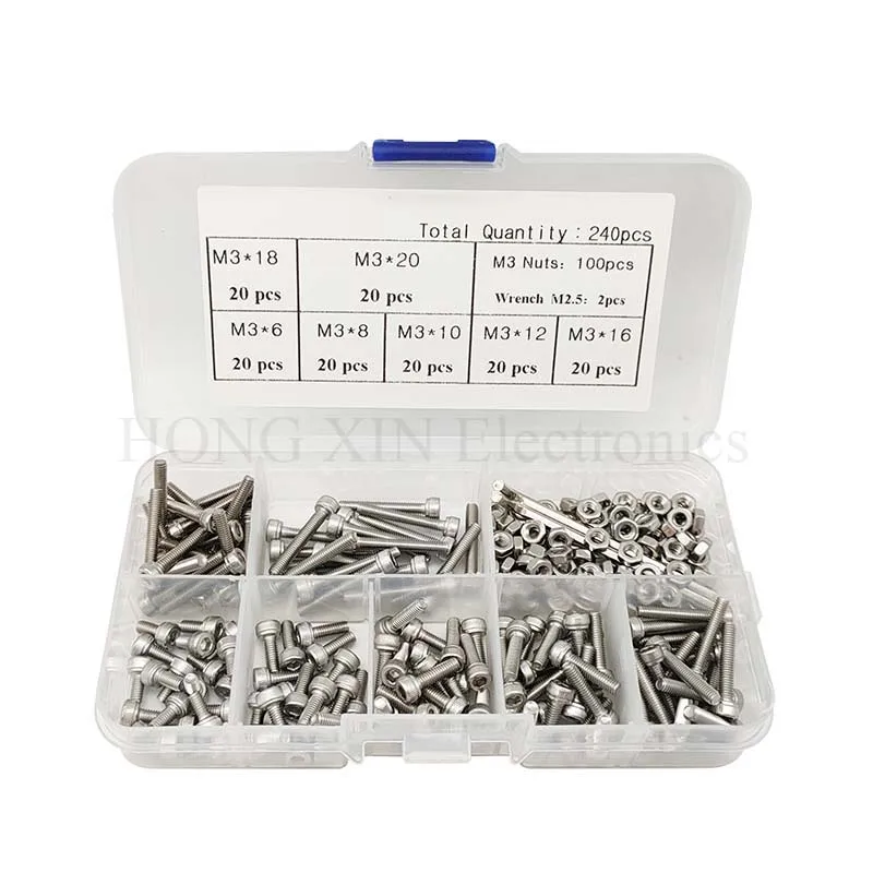 240pc/set M3 Cap Head Stainless Steel Hex Socket Screws Bolt With Hex Nuts Assortment Kit Fasteners with Plastic Box screw bolt
