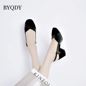 

BYQDY Spring Suede High Heels Women Pumps Kid Suede Thick Heels Slingbacks Shoes Buckle Round Toe Ladies Black Shoes Plus 41-43