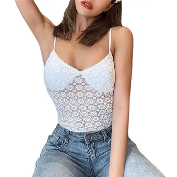 

Women Fashion Solid White Camisole Tanks Sexy Hollow Lace Stitching V-Neck Slimming Exposed Navel Tops Ladies Inner Vest