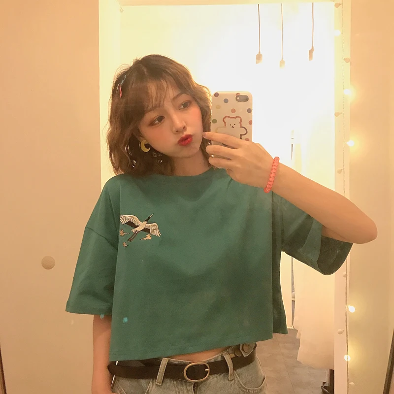 Женская футболка Kawaii Ulzzang Туника Повседневная винтажная вышитая Футболка