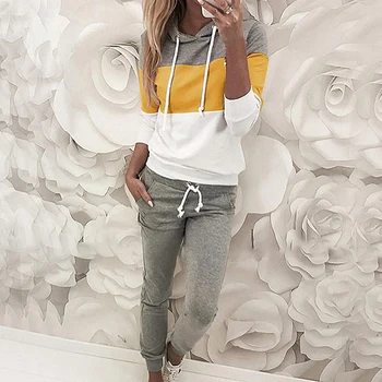 

Long Sleeve Hooded Sweater Suit Women Color Matching Trousers Striped Stitching Casual Sweater Sleepwear Femal Home Set Hoodies