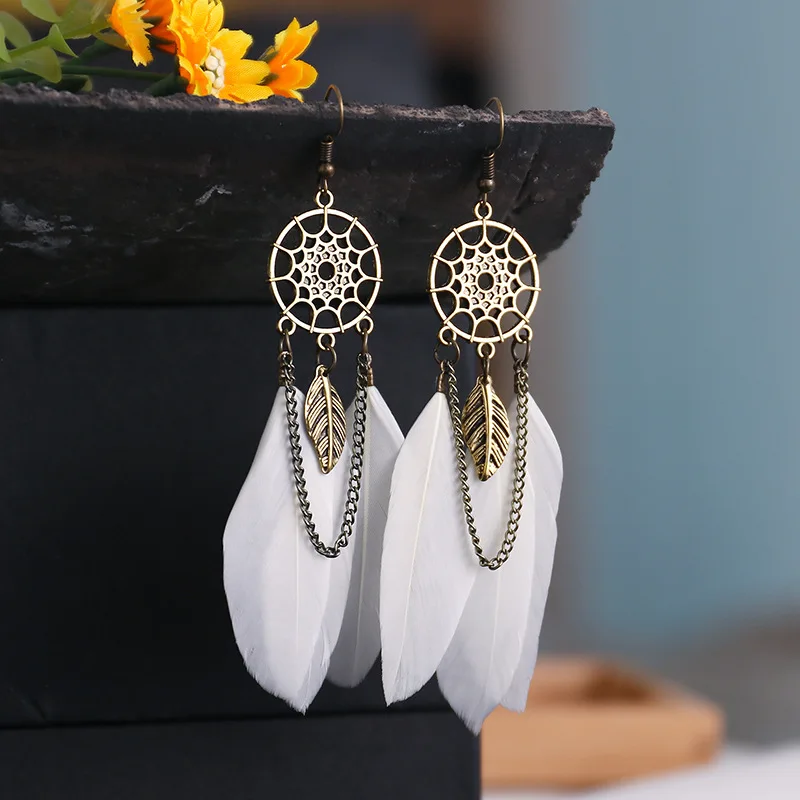 Bohemian Dangle Drop Earrings 2021 Vintage Dream Catcher Feather Leaves Chain Tassel Women Earring Korean Fashion Jewelry | Украшения и