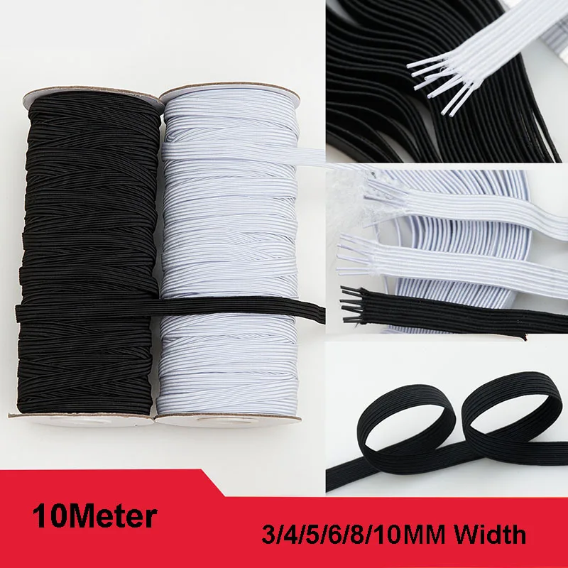 

3/4/5/6/8/10MM 10Meter/Lot White/black High-Elastic Flat Elastic Bands Wedding Garment DIY sewing Fabric Garment Accessories