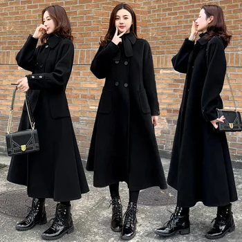 

Winter Woman Coats 2019 New Large Size Woolen Coat Korean Version of The Coat Waist Black Coat Female Double Breasted Coat 5XL