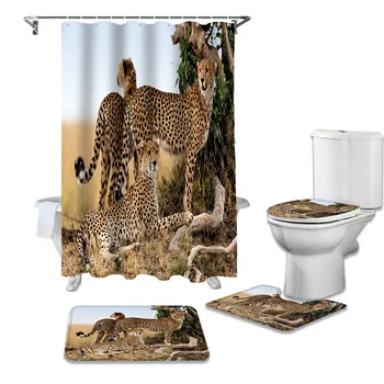 

Forest Animals Cheetah Shower Curtains Set Bath Mat Set Toilet Cover Waterproof Shower Curtain Set Bath Mats Rugs