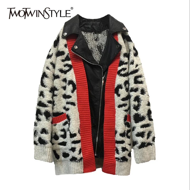 TWOTWINSTYLE Leopard Patchwork PU Leather Sweater For Female Lapel Collar Long Sleeve Hit Color Knitted Autumn Women New |