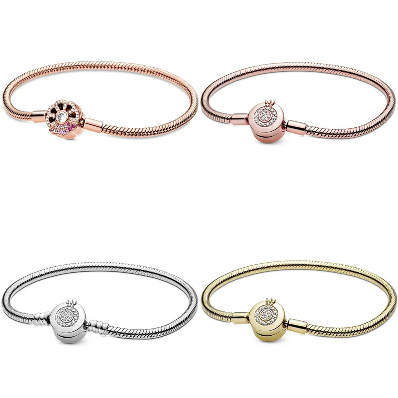 

Rose Gold Moments Fan Sparkling Clasp Snake Chain Bracelet Bangle Fit 925 Sterling Silver Bead Charm Diy Europe Jewelry