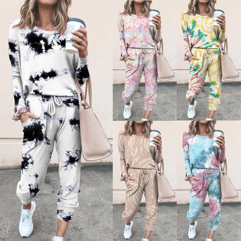 two piece skirt and top Leosoxs Spring Autumn Fashion Casual Long Sleeve O Neck Pullover Print Women's Two Piece Suit Elastic Waist Pocket Full Length two piece skirt and top
