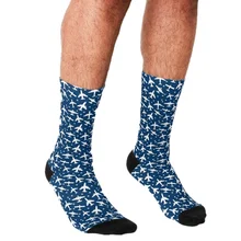 

Funny Socks Men harajuku Blue and White Aeroplanes Silhouette Pattern Printed Happy hip hop Novelty Skateboard Crew Casual Socks