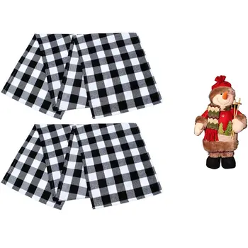 

Checkered Table Runner Flax Modern Plaid Design Elegant Decor with Christmas Snowman Doll Christmas New Year Decoration