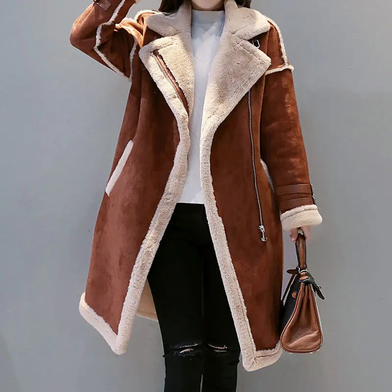 Женская зимняя куртка из искусственной овечьей шерсти и замши, серый, коричневый, утепленные Длинные парки, теплые женские пальто Veste Hiver Femme, Женское пальто C6013 - Цвет: brown coat