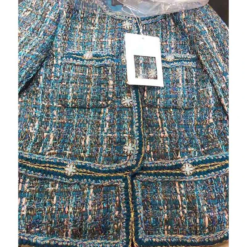 amazing  Cosmicchic Women Autumn Elegant Tweed Jacket Luxury Wool Tweed Short Coat OL Ladies Blue Pocket Jac