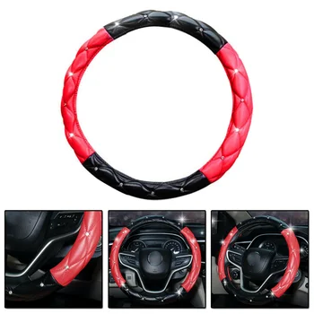 

Parts Steering Wheel Cover Car Interior Rhinestones Black+Red PU Leather