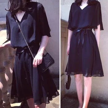 

Women V Neck Short Sleeve Ruffles Waist Strappy Black Chiffon Dress for Summer Mini Party Sundress Casual Dress New Arrival DSA