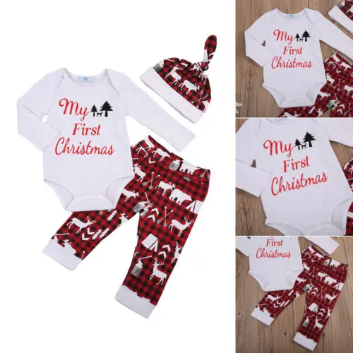 My First Christmas/Одежда для маленьких мальчиков и девочек, повседневный популярный комбинезон штаны шапка, комплект одежды из 3 предметов