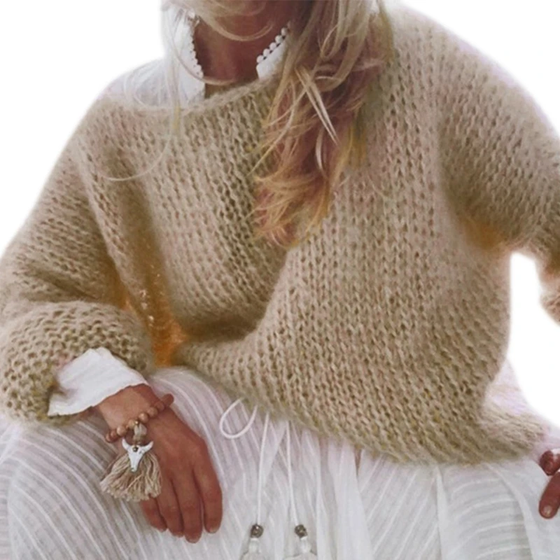Latest Women Lantern Long Sleeve O-Neck Sweater Fuzzy Mohair