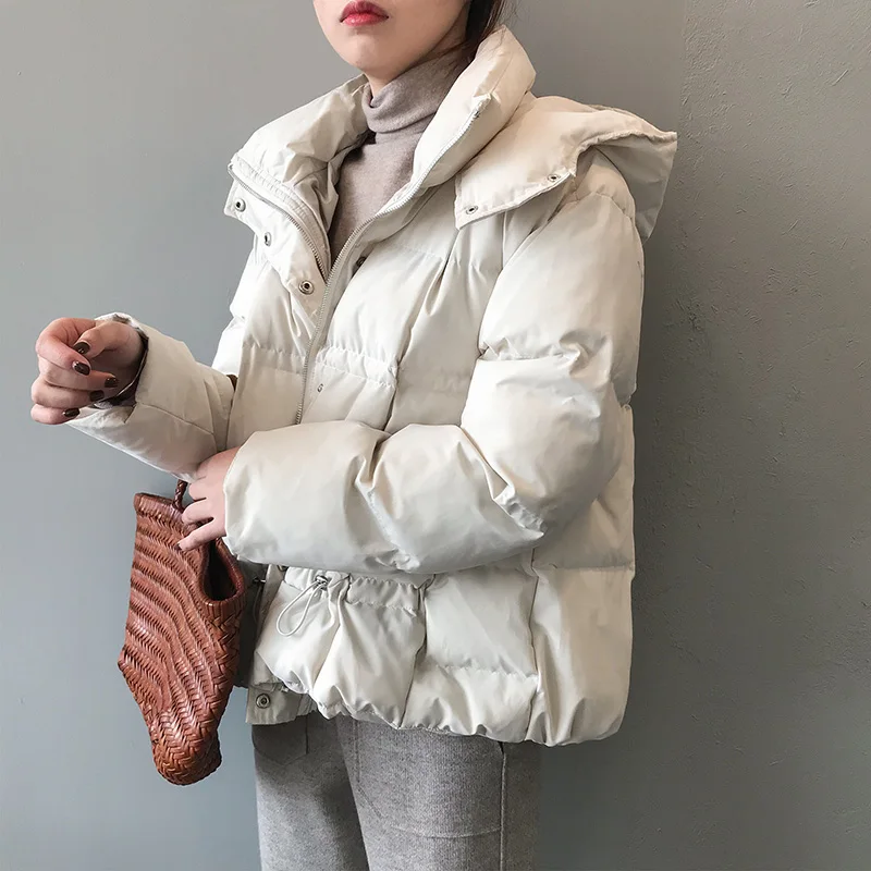 Теплая зимняя короткая куртка женская модная парка с хлопковой подкладкой Harajuku пальто с капюшоном Женская однотонная верхняя одежда с завязками