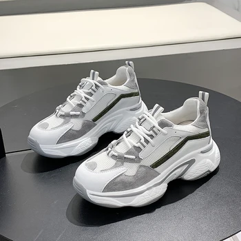 

2020 New Women's Genuine Leather Casual Shoes Spring Autumn Fashion Comfortable Mesh Breathable Thick Bottom Pink Lace Sneakers