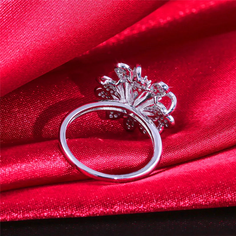 Fashion Ladies Crystal Big Flower Zircon Ring Luxury Silver Filled Love Finger Ring Unique Promise Wedding Rings For Women