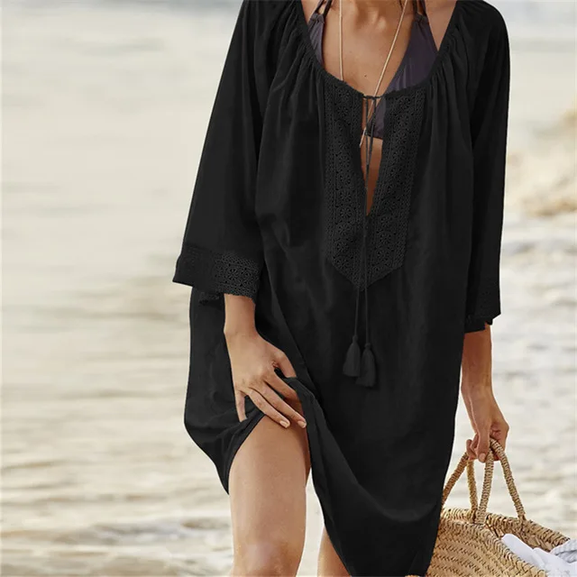 Сексуальное летнее пляжное платье в стиле бохо, женская пляжная одежда, хлопковая Туника размера плюс, Свободная Женская одежда, Клубные вечерние платья - Цвет: Q363 Black