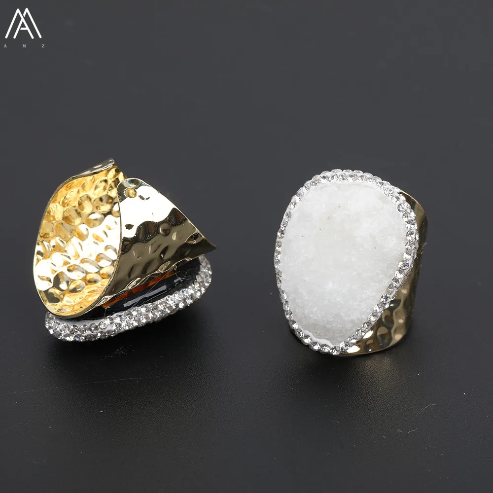 Случайная, проложенные стразы, капля воды, Druzy, Агаты, кольцо для женщин, белое, розовое, Drusy, золотое, открытое, регулируемое кольцо, YT-157AMAJ