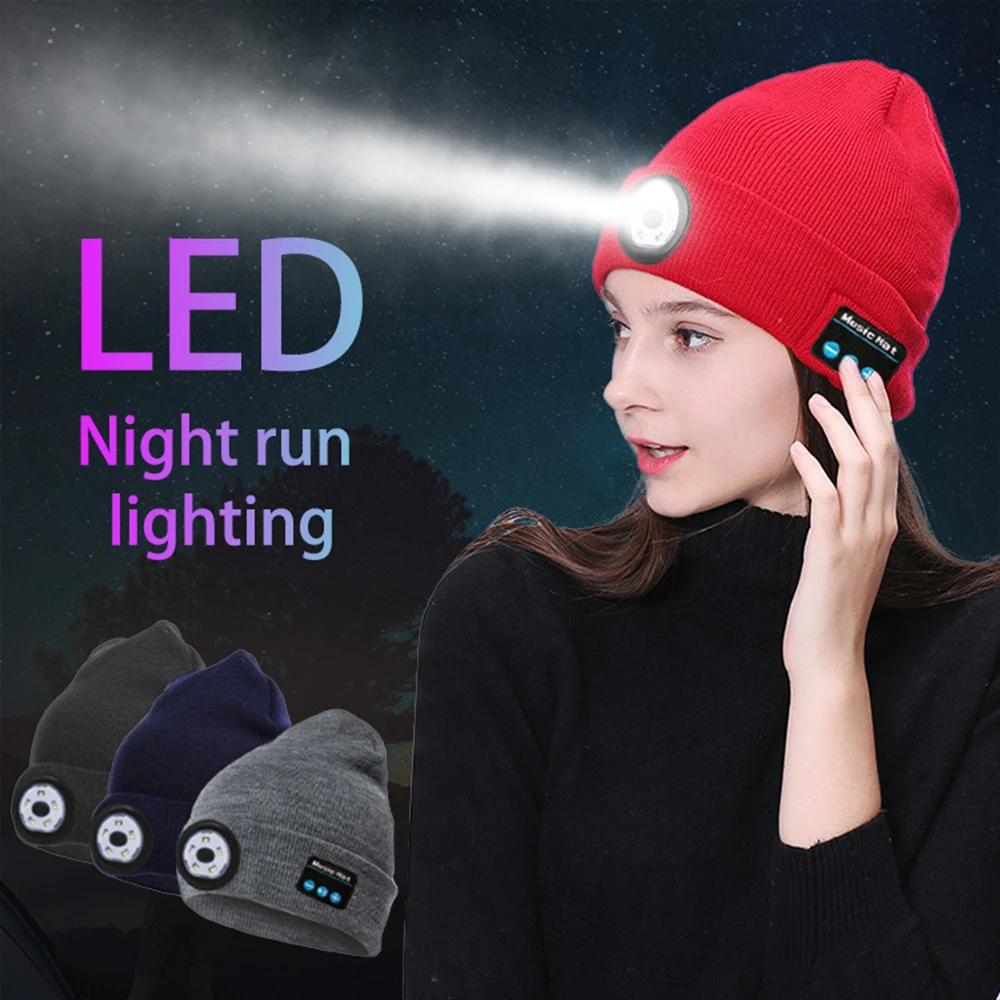 Black 4 LED Bluetooth Hat Wireless Bluetooth Cap Winter Hat USB Rechargeable Musical Sports Hat Headlamp Handsfree Mic for Running Skiing Hiking Camping Cycling Wireless Bluetooth Beanie 