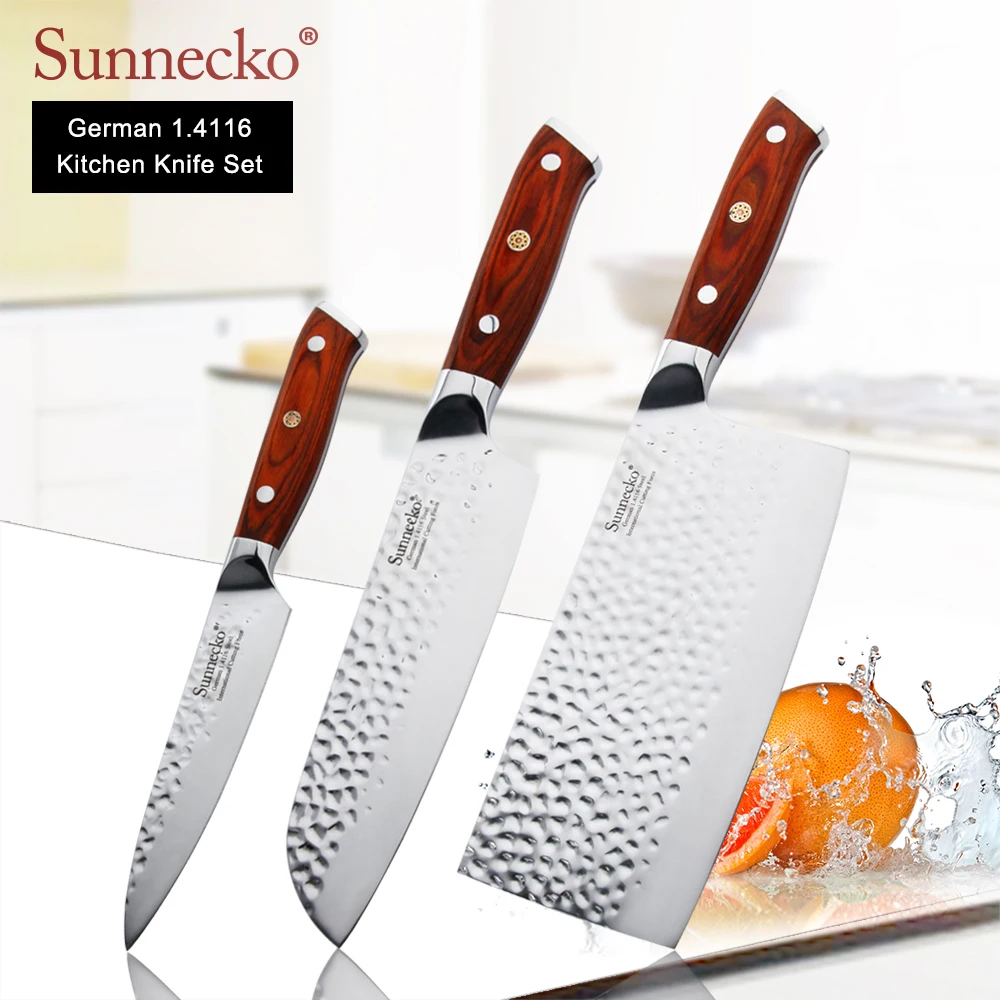 3pcs Set B Sunnecko профессиональный нож шеф-повара, немецкие 1,4116 стальные лезвия, кухонные ножи, острый нож Santoku, универсальный нож с ручкой из розового дерева - Цвет: 3pcs Set B