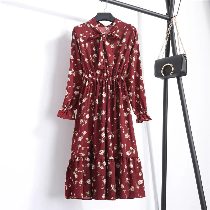 

Floral Print Bow Vintage Chiffon Dress Women Autumn Spring Butterfly Long Sleeve Casual Ladies Office Shirt Midi Dresses Vestido