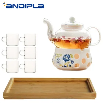 

750ml Creative Transparent Glass Flower Teapot Heat Resistant Lemon Kettle Teacup Ceramic Candle Heater Kung Fu Tea Set Teaware