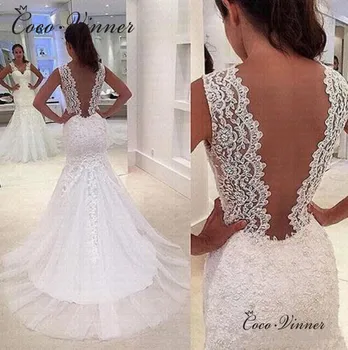 

Embroidery Appliques Lace wedding dress Vestido De Noiva Sleeveless V neck Beading Mermaid Wedding Desses Backless w0479
