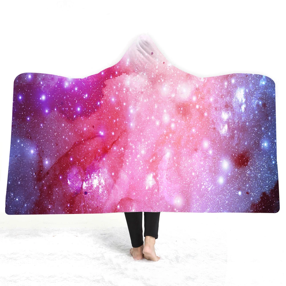 3D Star Universe Hooded Blanket Sherpa Fleece Ocean Blue Wearable Plush Throw on Bed Sofa Thick Warm | Дом и сад