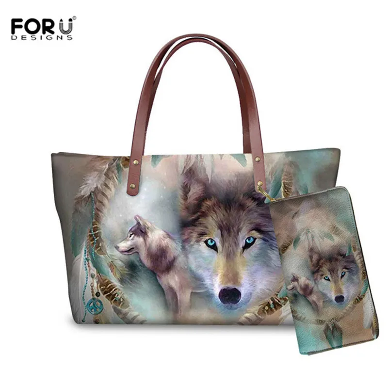 FORUDESIGNS/3D волк печати Для женщин, сумка на плечо, для девушек, кошельки и Сумки 2 шт./компл. Bolsa Feminina сумка волк сумка для покупок